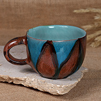 Ceramic mug, 'Blue Peaks' - Geometric-Patterned Blue and Brown Glazed Ceramic Mug