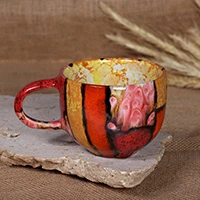 Ceramic mug, 'Cozy Fire' - Red and Orange Glazed Ceramic Mug Handcrafted in Armenia