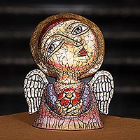 Ceramic sculpture, 'Harmonious Guardian' - Fair Trade Crackled Ceramic Sculpture of Angel and Flower