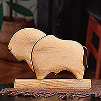 Wood sculpture, 'Natural Bull' - Hand-Carved Linden Wood Bull Sculpture with Base