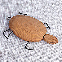 Wood and stainless steel sculpture, 'Natural Turtle' - Hand-Carved Wood Turtle Sculpture with Stainless Steel Legs