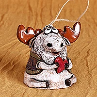 Ceramic bell ornament, 'Love-Struck Moose' - Handcrafted and Painted Moose & Heart Ceramic Bell Ornament