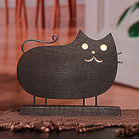 Wood and stainless steel sculpture, 'Midnight Cat' - Hand-Painted Wood Cat Sculpture with Stainless Steel Accents
