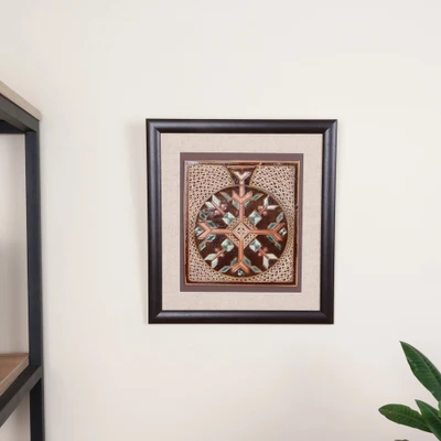 Ceramic and wood wall art, 'New Beginnings' - Pomegranate-Themed Traditional Ceramic and Wood Wall Art