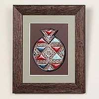 Ceramic and wood wall art, 'Spiritual Richness' - Handmade Geometric Multicolor Ceramic Pomegranate Wall Art