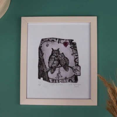Intaglio print, 'Owls in Love' - Armenian Ink on Paper Intaglio Print of Romantic Owl Couple