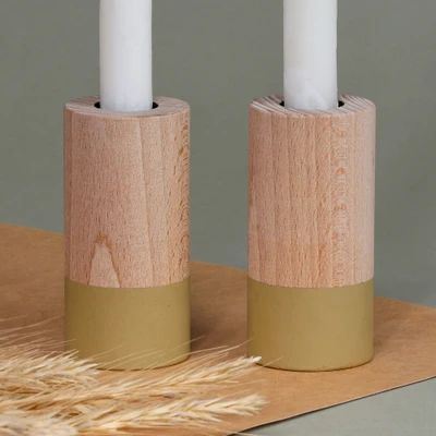 Wood candleholders, 'Minimalist Light' (pair) - Minimalist Brown and Olive Green Beechwood Candleholder Pair