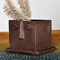 Ceramic vase, 'Square Faces' - Handcrafted Whimsical Square Ceramic Vase with Plate
