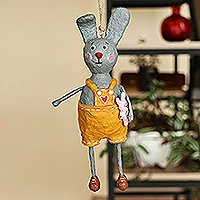 Papier mache ornament, 'Mister Rabbit' - Hand-Painted Romantic Papier Mache Rabbit Ornament