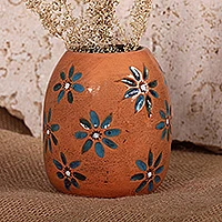 Ceramic vase, 'Azure Blooms' - Classic Artisan-Made Floral Azure and Brown Ceramic Vase