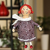 Papier mache ornament, 'Dame Mari' - Hand-Painted Floral Grey and Red Papier Mache Ornament