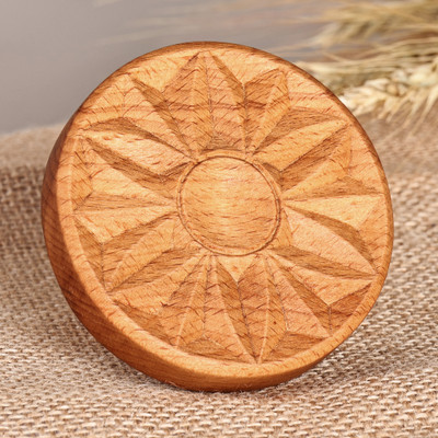 Wood cookie press, 'Sweetly Sunny' - Hand-Carved Round Sunflower-Patterned Beechwood Cookie Press