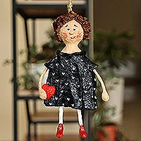 Papier mache ornament, 'Loanna' - Hand-Painted Papier Mache Ornament of Girl Holding a Heart