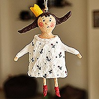 Papier mache ornament, 'Princess Caprice' - Hand-Painted Floral White and Red Papier Mache Ornament
