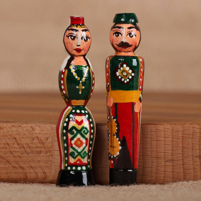 Wood magnets, 'Melodic Commitment' (set of 2) - Folk Art Set of 2 Music-Themed Taraz Wood Magnets in Green