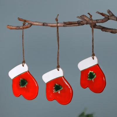 Ceramic ornaments, 'Cozy Forest' (set of 3) - Hand-Painted 3-Piece Fir Tree Ceramic Ornament Set in Orange