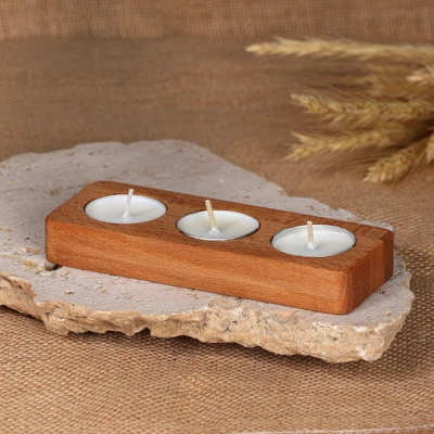 Wood tealight candleholder, 'Triple Flames' - Modern Carved Beech Wood Tealight Candleholder from Armenia