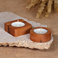 Wood tealight candle holders, 'Geometric Harmony' (set of 2) - Set of 2 Minimalist Beechwood Tealight Candleholders