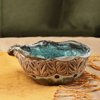 Glazed ceramic catchall, 'Majestic Core' - Pomegranate-Shaped Glazed Turquoise Ceramic Catchall