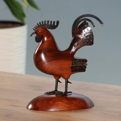 Wood and iron sculpture, 'Courteous Rooster' - Armenian Handmade Apricot Wood and Iron Rooster Sculpture