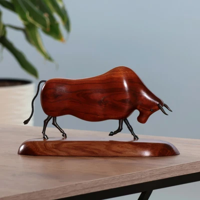 Wood and iron sculpture, 'Majestic Bull' - Handmade Apricot Wood and Iron Bull Sculpture from Armenia