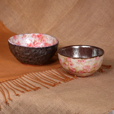 Ceramic bowls, 'Flavors of Spring' (set of 2) - Hand-Painted Glazed 2-Piece Ceramic Bowl Set in Pink Hues