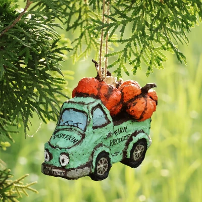 Papier mache ornament, 'Pumpkin Delivery' - Hand-Painted Traditional Papier Mache Truck Ornament