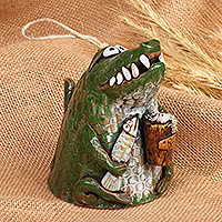 Ceramic bell ornament, 'Fishing Day' - Hand-Painted Green Crocodile Ceramic Bell Ornament