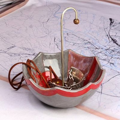 Glazed ceramic jewelry stand, 'Inverted Umbrella' - Armenian Glazed Ceramic Umbrella Jewelry Stand and Catchall