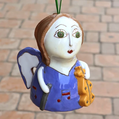 Ceramic ornament, 'Rhythmic Dream' - Hand-Painted Whimsical Blue Musical Angel Ceramic Ornament