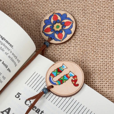 Wood bookmarks, 'Palatial M' (set of 2) - Armenian Letter M and Regal Bloom 2 Piece Wood Bookmark Set