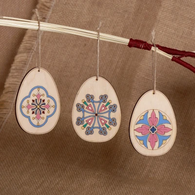 Wood ornaments, 'Folk Art Crosses' (set of 3) - 3 Hand-Painted Folk Art Armenian Crosses Wooden Ornaments