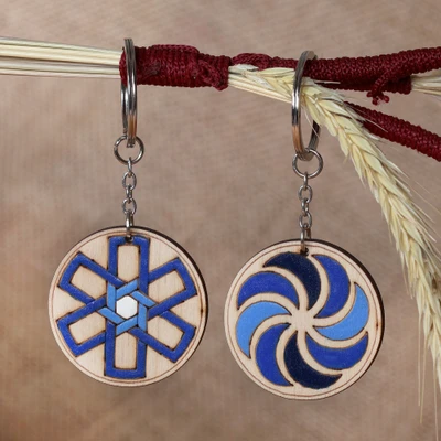 Wood keychain, 'Traditional Blue' (set of 2) - Set of 2 Armenian Round Wood Keychains Painted in Blue Hues