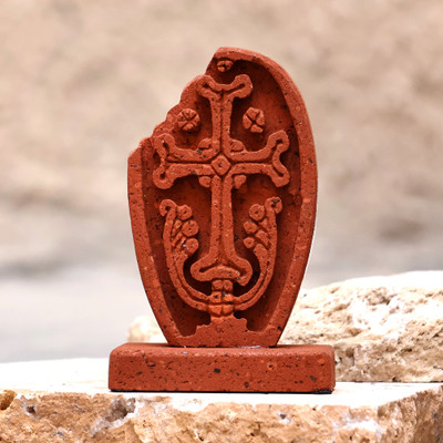 Tuff stone stela sculpture, 'Echmiadzin Past' - Hand-Carved Brown Tuff Stone Khachkar Stela Sculpture