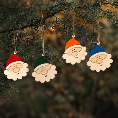 Wood ornaments, 'Joyful Santas' (set of 4) - Santa-Themed Assorted 4-Piece Wood Ornament Set from Armenia