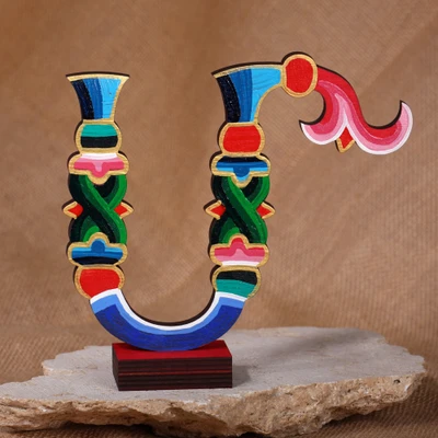 Wood sculpture, 'Ode with M' - Artisan-Crafted Wood Armenian Alphabet Letter M Sculpture