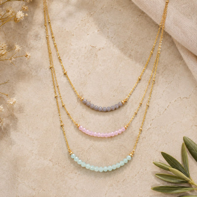 Gold-plated chalcedony and rose quartz pendant necklace, 'Color Vibration' - Gold-Plated Chalcedony and Rose Quartz Pendant Necklace