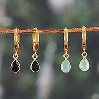 Gold-plated chalcedony and onyx dangle earrings, 'Dual Drops' (set of 2) - Set of 2 18k Gold-Plated Chalcedony and Onyx Dangle Earrings