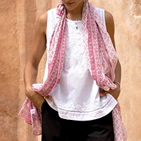 Block print cotton shawl, 'Berry Blossoms' - Spring-Themed Hand-Block Printed Cotton Shawl in a Pink Hue
