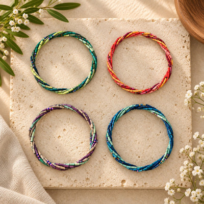 Natural grass beaded bangle bracelet, 'Zulubloom' - Handmade Zulugrass Beaded Bangle Bracelet