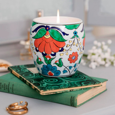 Hand-Painted Ceramic Candleholder with Hand-Poured Candle, 'Storied Glow Peony'