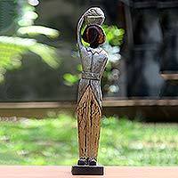 Wood statuette, 'Balinese Lady' - Hand Carved Antiqued Albesia Wood Sculpture from Bali