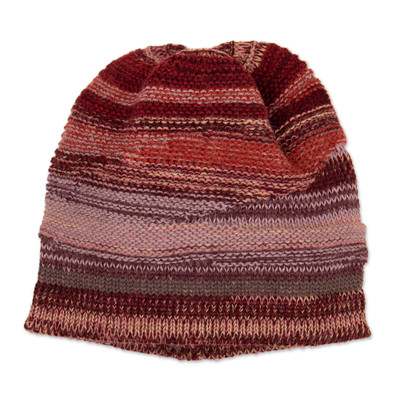 100% alpaca hat, 'Salt Mines of Maras' - 100% Alpaca Textured Knit Hat in Burgundy Purple Pink Hues