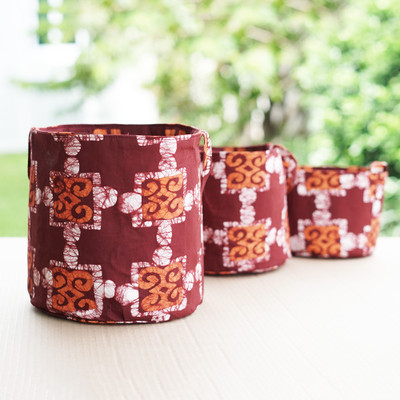 Cotton batik baskets, 'Russet Dwennimmen' (set of 3) - Set of 3 Cotton Baskets with Russet Batik Dwennimmen Pattern