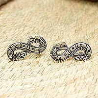 Sterling silver button earrings, 'Feathered Snake' - Quetzalcoatl Inspired Sterling Silver Button Earrings
