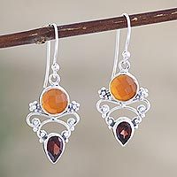 Carnelian and garnet dangle earrings, 'Eternal Sun' - Indian Carnelian and Garnet Dangle Earrings