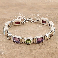 Multi-gemstone link bracelet, 'United Gems' - 14-Carat Faceted Multi-Gemstone Link Bracelet from India