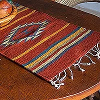 Zapotec wool table runner, 'Crimson Sun' (1x4) - Zapotec Wool Table Runner 1 x 4 Ft Red Handmade in Mexico