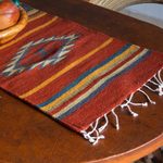 Zapotec wool table runner, 'Crimson Sun' (1x4) - Zapotec Wool Table Runner 1 x 4 Ft Red Handmade in Mexico