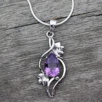 Amethyst flower pendant, 'Bengal Blossom' - Floral Sterling Silver Amethyst Pendant